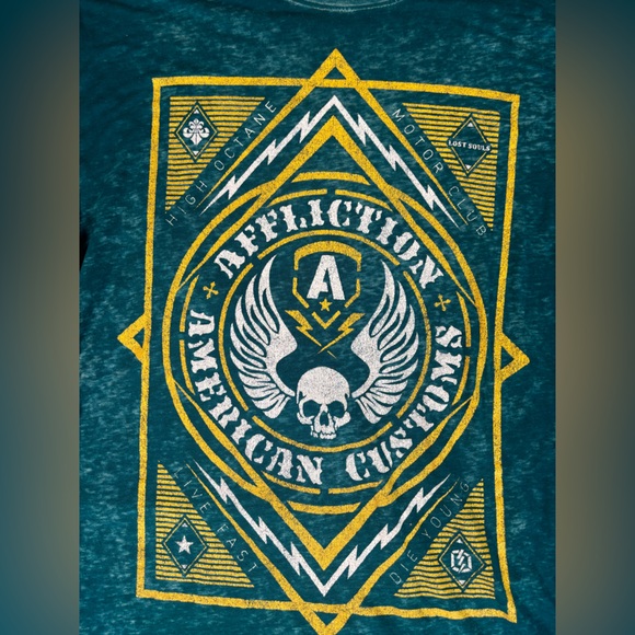 Affliction “American Customs” Graphic T-Shirt – Men’s M – Teal Skull Biker MMA - Picture 2 of 6